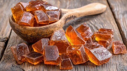 Poster -   A wooden spoon holding sugar cubes alongside another wooden spoon with sugar cubes on a wooden table