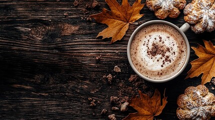 Wall Mural -   Coffee atop wood table near leaf & muffin stack