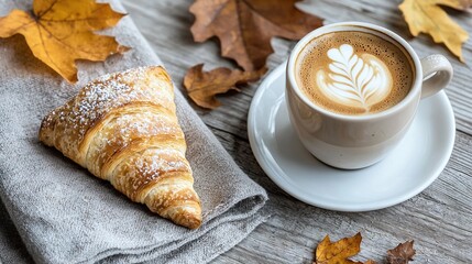 Wall Mural -   A cup of cappuccino and a croissant on two saucers