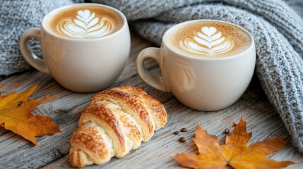 Poster -   Two cups of cappuccino and a croissant on a wooden table with leaves and a blanket