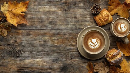 Wall Mural -   Two cups of cappuccino on a wooden table with autumn leaves and a croissant