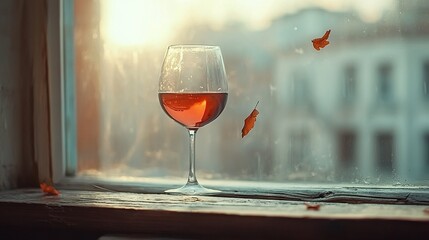   A glass of wine sits on a window sill, offering a view of a building through the window