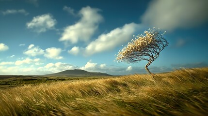 Wall Mural -   A lone tree stands tall amidst a vast open field, its silhouette set against the vibrant blue sky in the background Soft clouds drift lazily overhead, framing