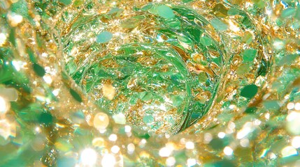 Wall Mural -   Close-up view of a green and golden object with numerous small bubbles centered within