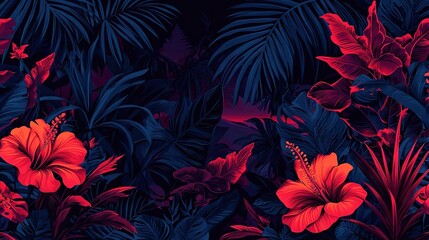 Wall Mural -  A red and blue bouquet against a black backdrop with surrounding foliage