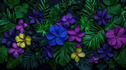 Wall Mural -   A cluster of purple and yellow blossoms surrounded by verdant foliage against a dark backdrop, with a striking blue-and-yellow bloom at its heart