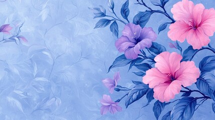 Wall Mural -   Pink & Purple Flowers on Blue Background