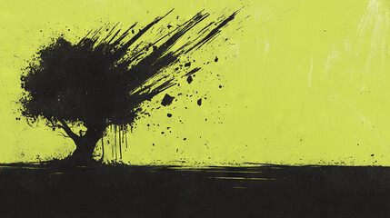 Wall Mural -   Black & yellow tree in field w/ paint splatters