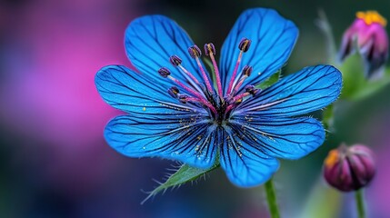   A photo of a blue bloom, surrounded by pink and yellow flora in the foreground and an out-of-focus background