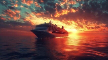 A Majestic Cruise Ship Gracefully Sailing into a Colorful Sunset Over Peaceful, Calm Waters