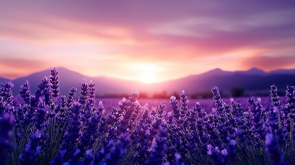 Wall Mural -   A field of lavender with the sun setting behind mountains