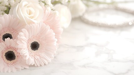 Wall Mural -   A white and pink flower arrangement on a nearby table with matching jewelry