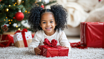 excited girl opening christmas gift by tree, festive holiday scene, unwrapping christmas presents, h