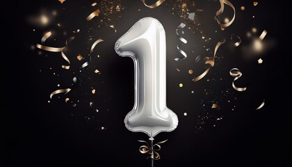 White birthday / anniversary balloon, number 1, black background with confetti