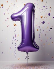 Purple birthday / anniversary balloon, number 1, white background with confetti