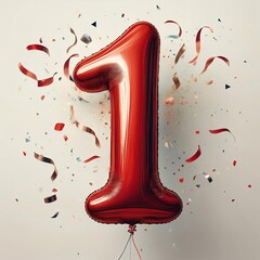 Red birthday / anniversary balloon, number 1, white background with confetti