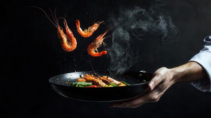 Wall Mural - chef throwing shrimps in a pan