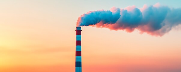 Industrial chimney with smoke against a colorful sunset sky.