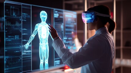A medical professional using AI-driven diagnostic tools to examine a patient's condition, with holographic displays showing potential treatments and outcomes in a high-tech clinic