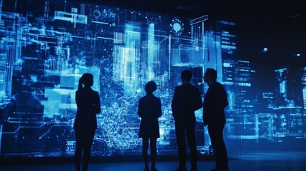 a team of engineers using ai to optimize energy efficiency in a smart building, with holographic dis