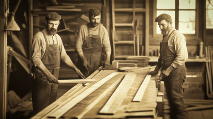 Wall Mural - Vintage sepia image of workers in an old woodshop