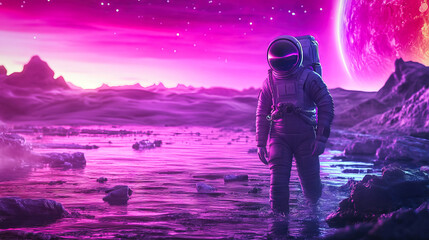 Wall Mural - An astronaut walking in the water of an alien planet