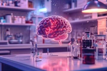 Canvas Print - A laboratory setting with a glowing brain in a glass container symbolizing advanced scientific research human cognition and the future of neuroscience in a controlled environment