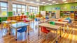 © Four888 - Colorful desks and chairs sit atop a polished wooden floor in an empty, well-lit, and neatly organized elevated elementary school classroom with cubbies.