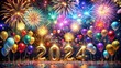 © Four888 - Colorful fireworks explode in a night sky, numbers 2024 illuminated in glittering lights, confetti and balloons floating amidst joyful celebrants in a lively party atmosphere.