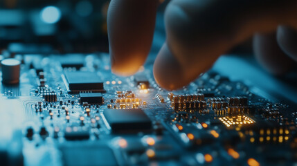 Close-up Portrait of Software Engineer's Hand Typing on Laptop with Circuit Board - Technology and Innovation Concept in Coding