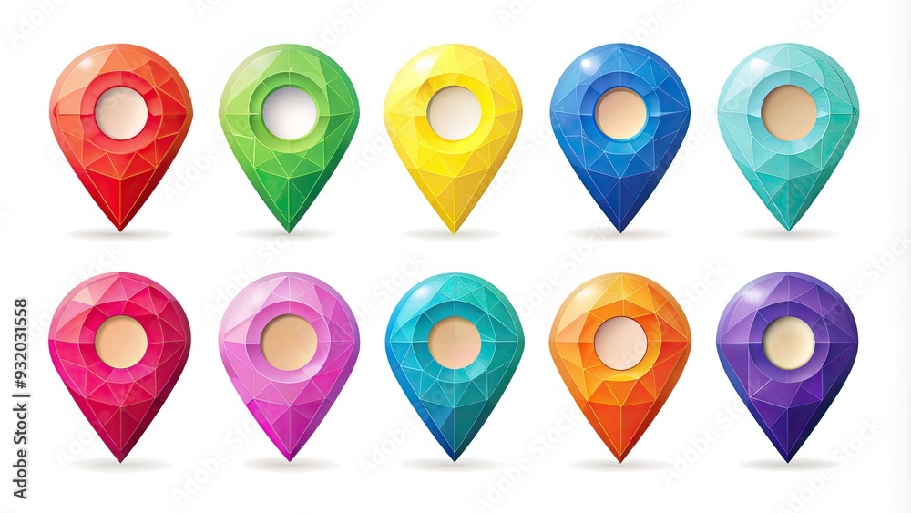 Colorful geometric pin icon set on a white background, featuring ...