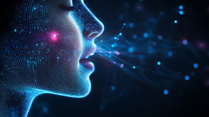 Abstract digital human head profile with glowing lines and particles, close up of the mouth speaking or listening to an AI voice software interface for a futuristic artificial intelligence technology 