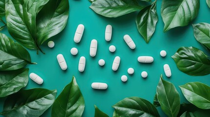 green leaves and pills on vibrant background natural medicine concept