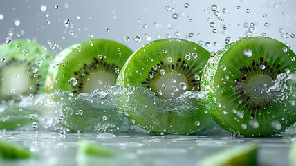 Wall Mural - Appetizing kiwi slices falling into the water