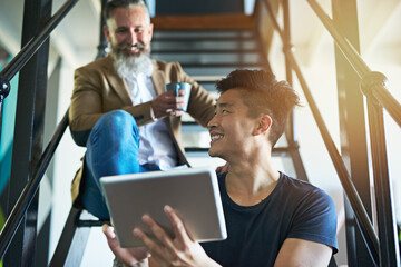 Poster - Startup, stairs and business people on tablet in office for online report, website and research. Professional, creative and man with manager on digital tech for discussion, meeting and planning