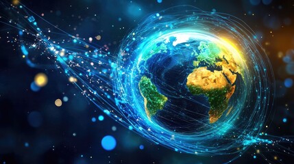 Poster - A digital earth globe with vibrant fiber optic trails circling it, illustrating global technology and network connections