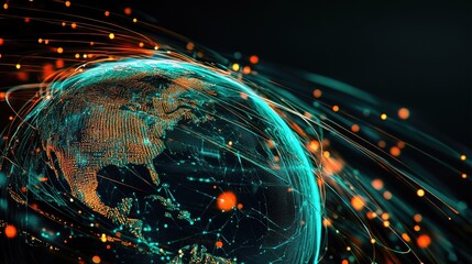 Poster - A digital earth globe with vibrant fiber optic trails circling it, illustrating global technology and network connections