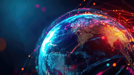 Poster - A digital earth globe with vibrant fiber optic trails circling it, illustrating global technology and network connections