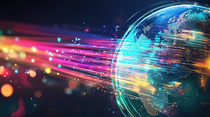 Poster - A digital earth globe with vibrant fiber optic trails circling it, illustrating global technology and network connections