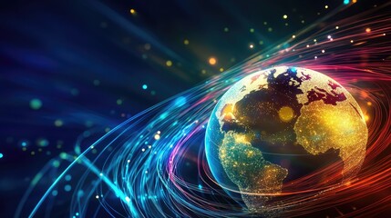 Poster - A glowing earth globe with fiber optic strands swirling around it, symbolizing global connectivity and technology