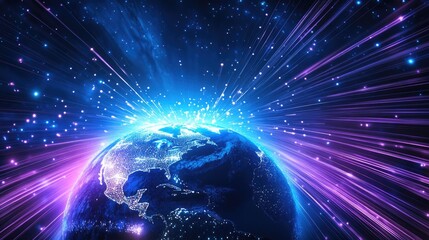 Poster - A glowing earth globe with fiber optic strands swirling around it, symbolizing global connectivity and technology