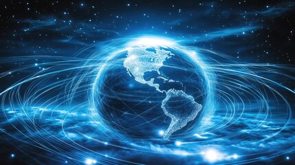 Poster - A glowing earth globe with fiber optic strands swirling around it, symbolizing global connectivity and technology