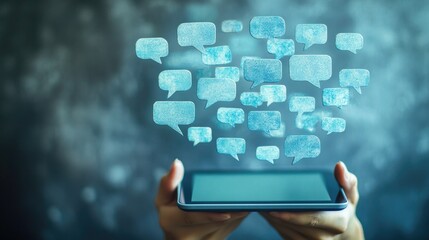 Poster - A tablet held by a person with numerous speech bubbles bursting out of the screen, representing online chats and discussions