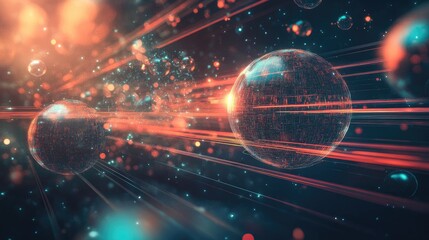 Poster - Abstract representation of time and space using bright orbs and lines extending into the distance, creating a futuristic atmosphere