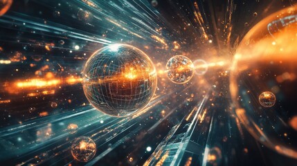 Poster - Abstract representation of time and space using bright orbs and lines extending into the distance, creating a futuristic atmosphere