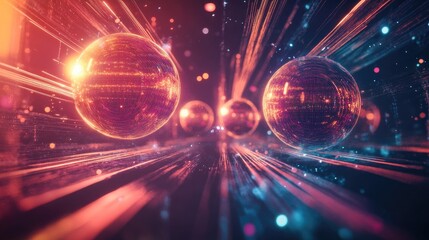 Poster - Abstract representation of time and space using bright orbs and lines extending into the distance, creating a futuristic atmosphere