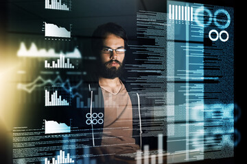 Poster - Young man, programmer and night with overlay on computer for data, future development or analytics at office. Male person, coder or developer working late on futuristic technology, hud or dashboard