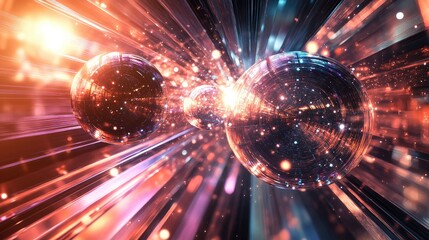 Poster - Abstract representation of time and space using bright orbs and lines extending into the distance, creating a futuristic atmosphere
