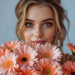 a woman holding bunches of flowers in front of her face, luxury style, beautiful flower, white background.