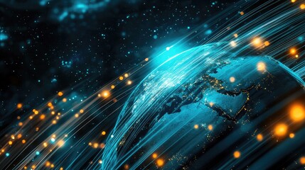 Poster - Earth globe surrounded by dynamic fiber optic lines, representing high-speed global communications and technological advancement